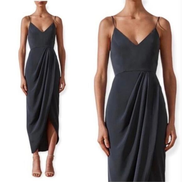 Shona Joy Dresses & Skirts - SHONA JOY Women's Size 2 Drape Front Maxi Dress Spaghetti Strap V Neck Charcoal